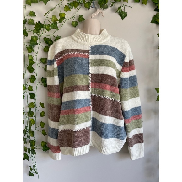 Vintage Sweaters - 🌿 Amazing Vintage Chenille Patched Colorful Striped Sweater